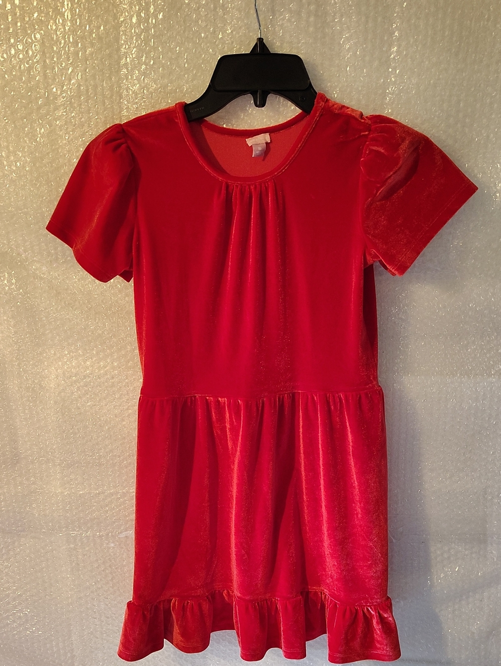 Girls' Velvet Short-Sleeve Red Party Dress with Ruffle Hem